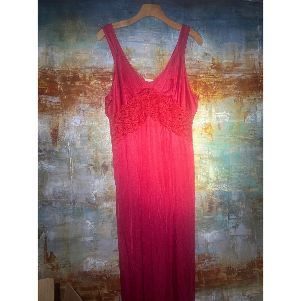 Vintage Petra Fashions Red Nylon Lace Trim Maxi Nightgown Slip Dress Large USA